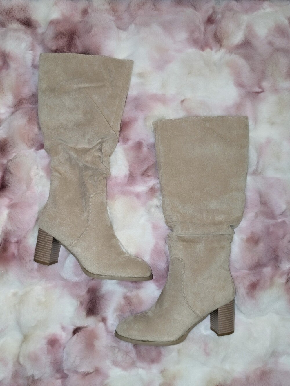 HOT Boutique Cream Beige Suede Slouchy Knee High Boots Autumn Boho Size 7.5 NWOT